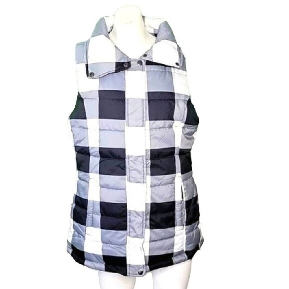 Womens Arizona Jean Co Puffer Vest Blk White Plaid Size Medium